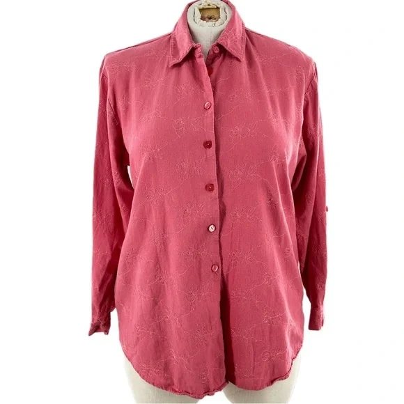 Napa Valley top L pink coral 55% linen floral button down coastal 90s vintage